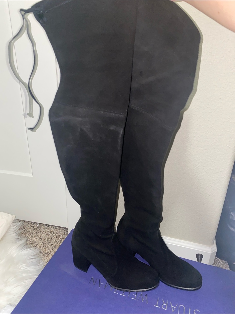 Stuart Weitzman Black Suede Over-the-Knee Block Heel Boots